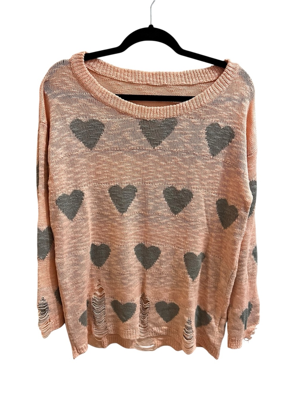 Lightweight Distressed Pink Heart-Print Scoop Neck Sweater - Picture 3 of 4
